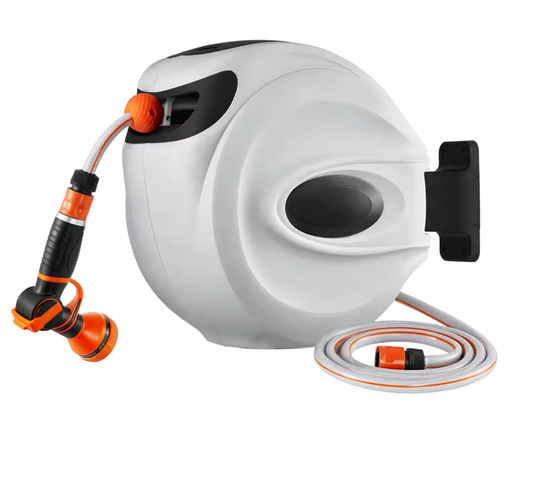 30M Retractable Garden Hose Reel Wall Mounted Hose Reel Heavy Duty Hose Reel with 9 Patterns Nozzle and 180°Swivel Bracket
