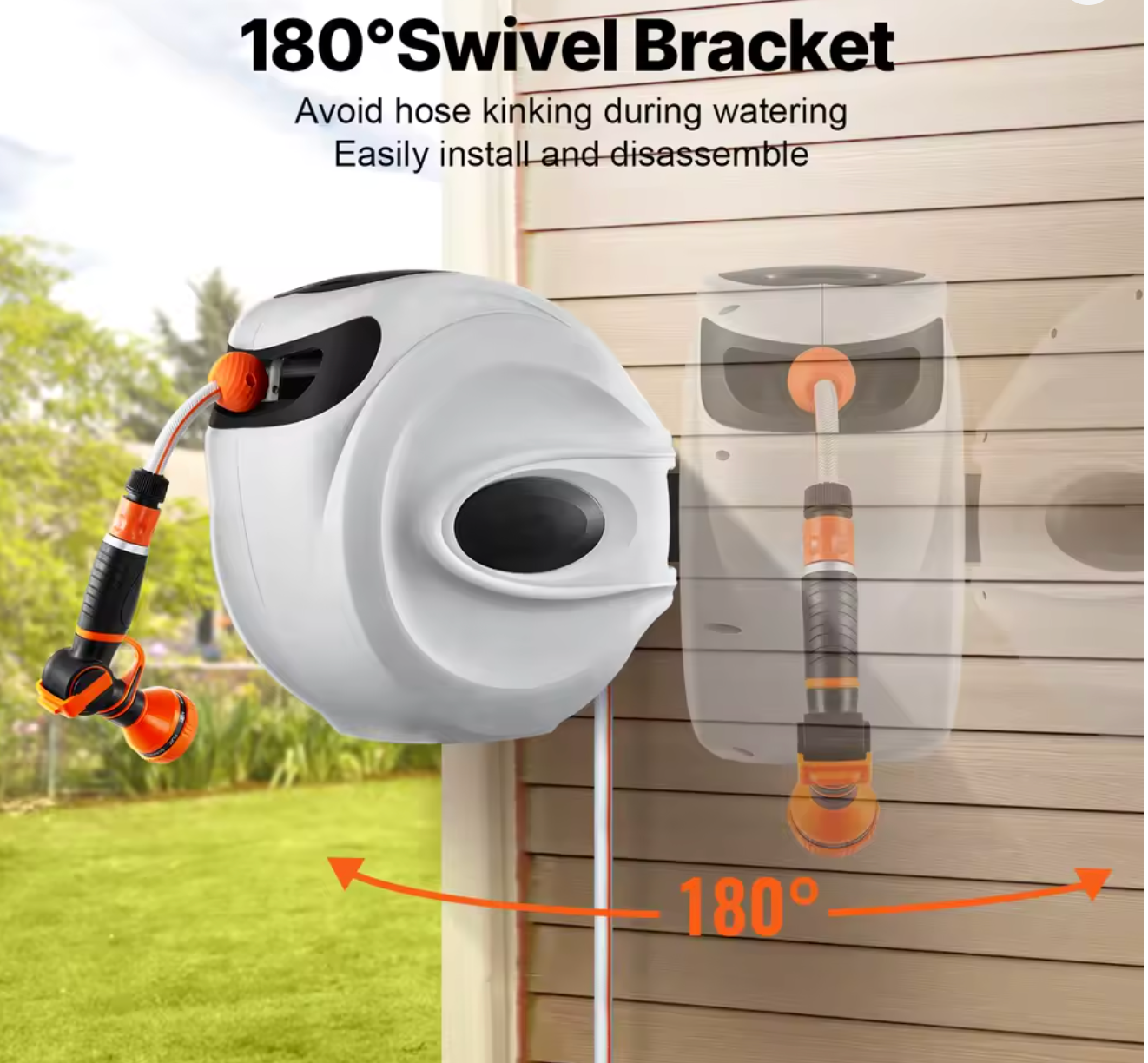 30M Retractable Garden Hose Reel Wall Mounted Hose Reel Heavy Duty Hose Reel with 9 Patterns Nozzle and 180°Swivel Bracket