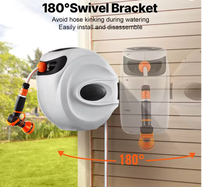 30M Retractable Garden Hose Reel Wall Mounted Hose Reel Heavy Duty Hose Reel with 9 Patterns Nozzle and 180°Swivel Bracket