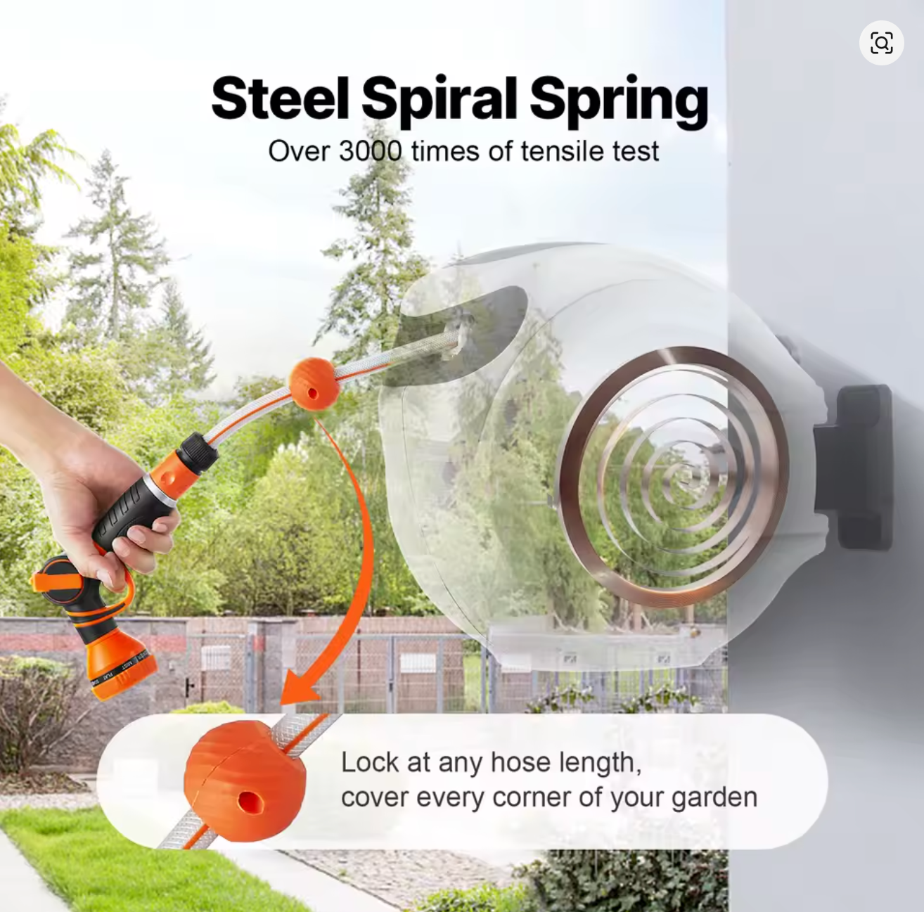 30M Retractable Garden Hose Reel Wall Mounted Hose Reel Heavy Duty Hose Reel with 9 Patterns Nozzle and 180°Swivel Bracket