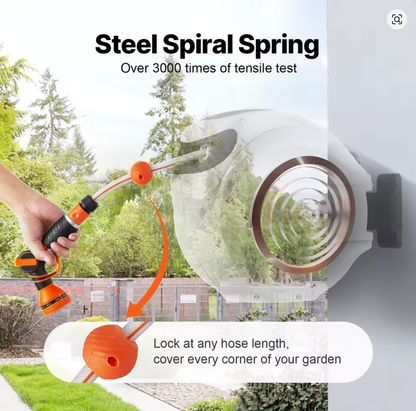 30M Retractable Garden Hose Reel Wall Mounted Hose Reel Heavy Duty Hose Reel with 9 Patterns Nozzle and 180°Swivel Bracket