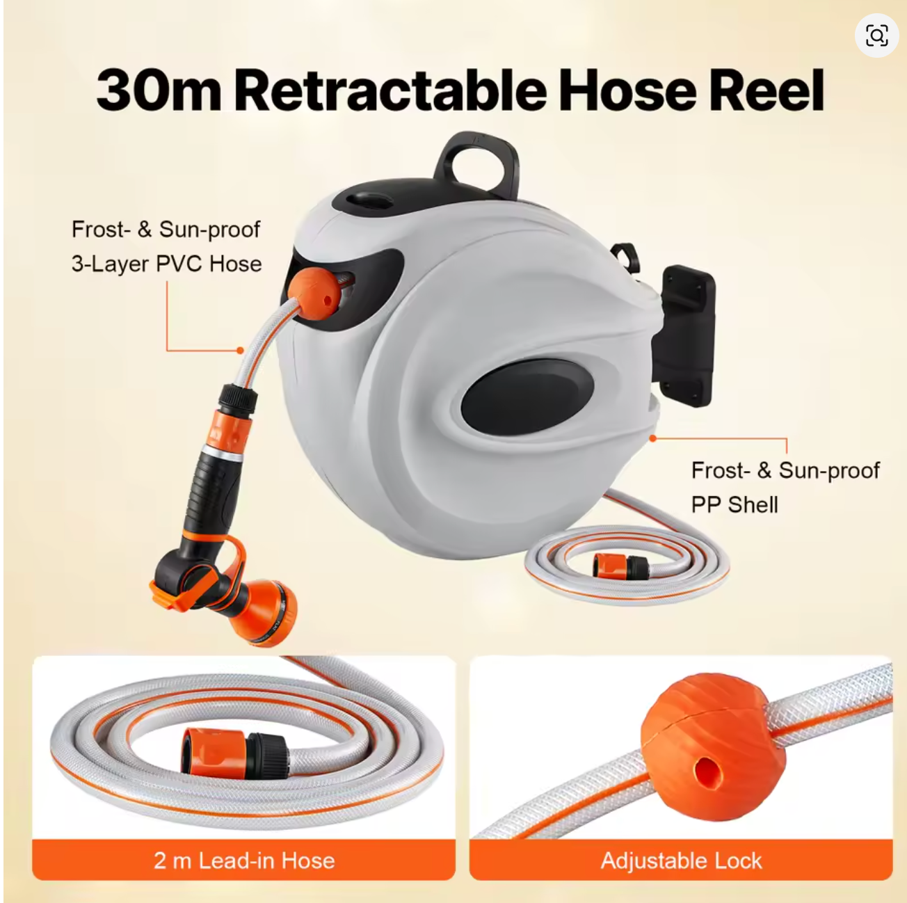 30M Retractable Garden Hose Reel Wall Mounted Hose Reel Heavy Duty Hose Reel with 9 Patterns Nozzle and 180°Swivel Bracket