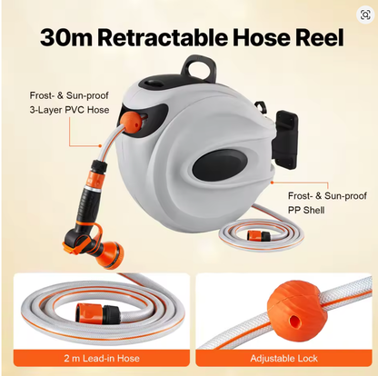 30M Retractable Garden Hose Reel Wall Mounted Hose Reel Heavy Duty Hose Reel with 9 Patterns Nozzle and 180°Swivel Bracket