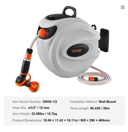 30M Retractable Garden Hose Reel Wall Mounted Hose Reel Heavy Duty Hose Reel with 9 Patterns Nozzle and 180°Swivel Bracket