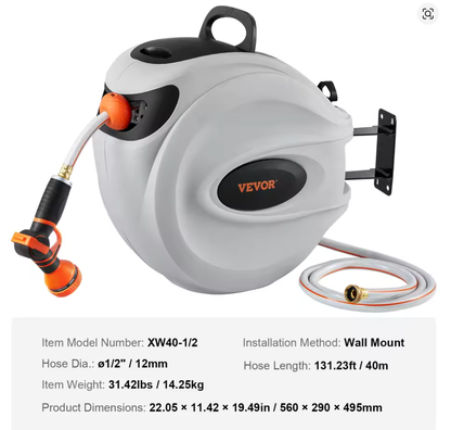 30M Retractable Garden Hose Reel Wall Mounted Hose Reel Heavy Duty Hose Reel with 9 Patterns Nozzle and 180°Swivel Bracket